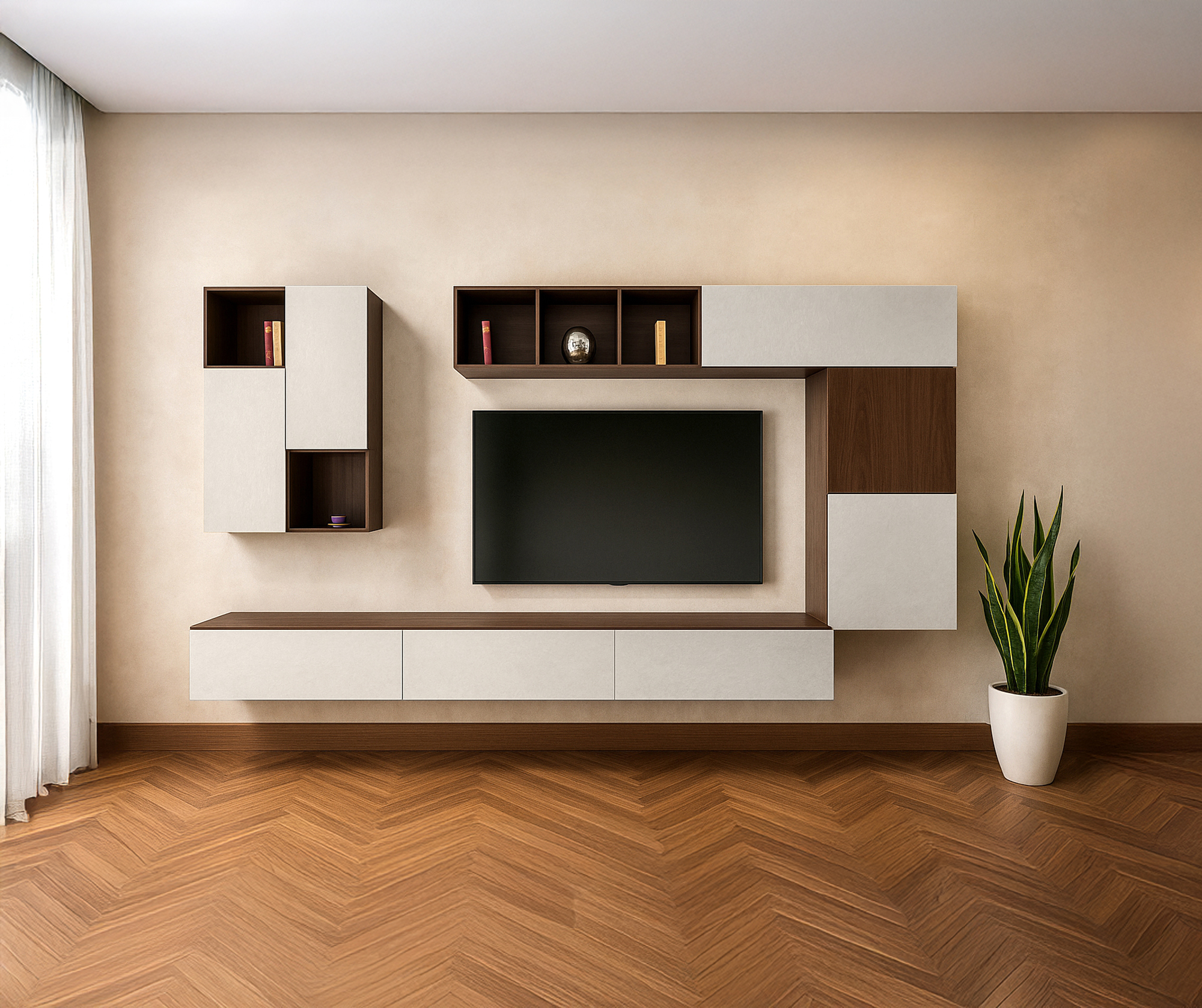 parete-gsg-noce-cemento-AI Soggiorno moderno sospeso teak - immagine 1