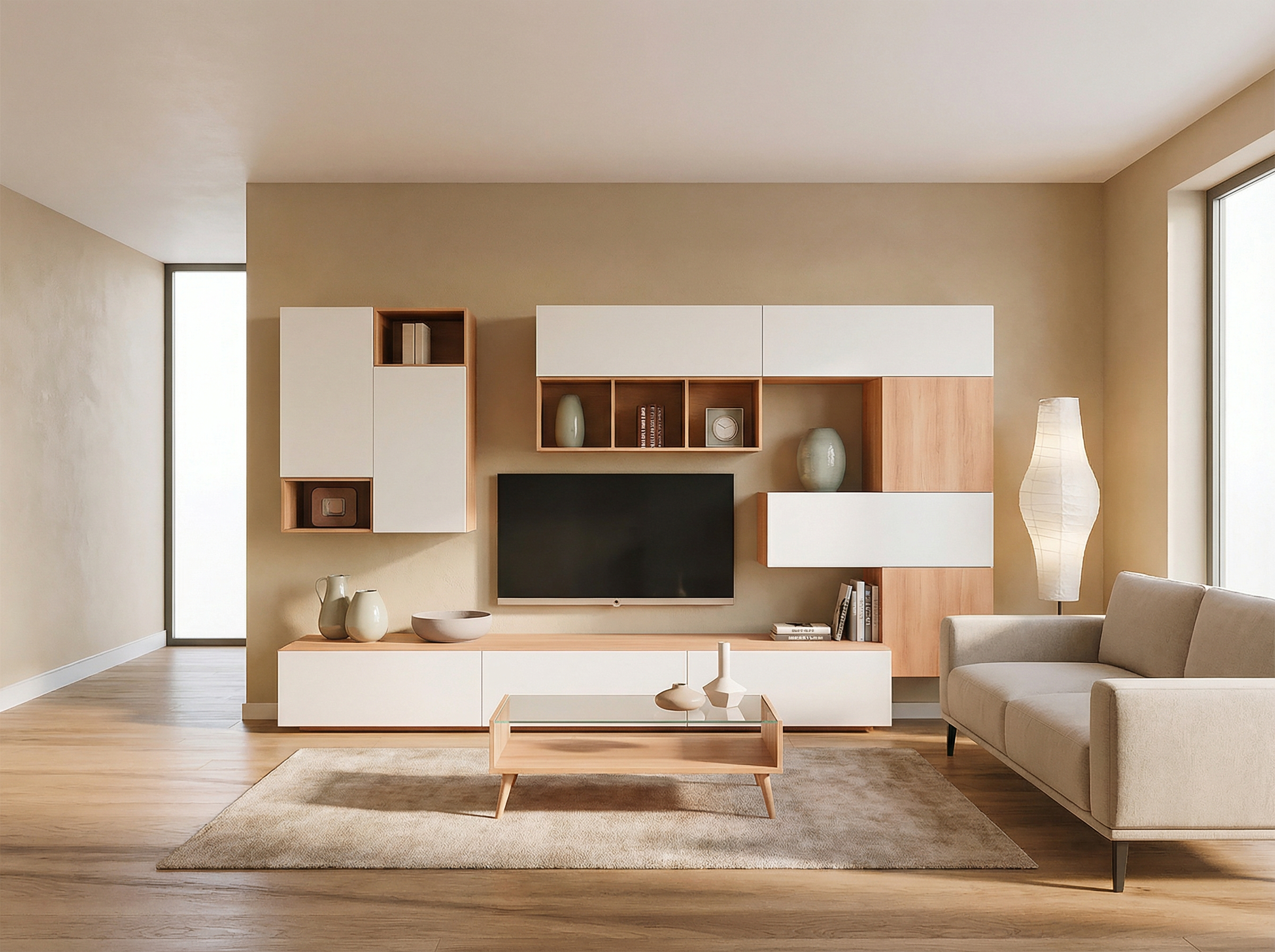 parete-gsg-rovere-bianco-AI-ver2 Soggiorno moderno bianco lucido - immagine 1